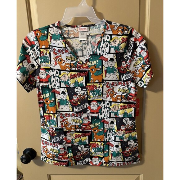 Christma Holiday Scrub Top Rudolph & Friend Multicolor S/S VNeck Size XSmall NWT - Picture 1 of 5